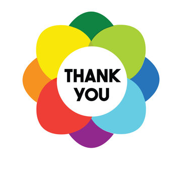 Rainbow coloured pie chart showing text 'Thank You' . Modern calligraphic text for use in greeting card, banner template, postcard. Vector and Illustration.