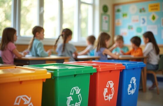 Colorful recycle bins stand ready for waste sorting in bright school classroom. Young diverse students actively learn eco education, sustainability concepts, environmental responsibility. Kids