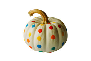 A white pumpkin decorated with colorful polka dots, isolated on transparent background
