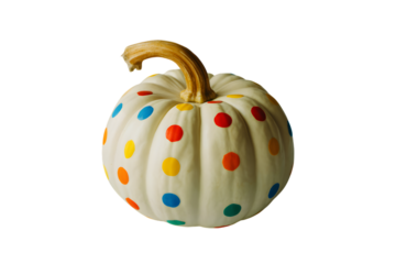 A white pumpkin decorated with colorful polka dots, isolated on transparent background
