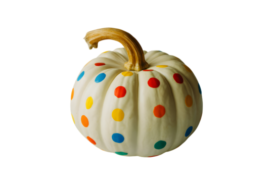 A white pumpkin decorated with colorful polka dots, isolated on transparent background - Powered by Adobe