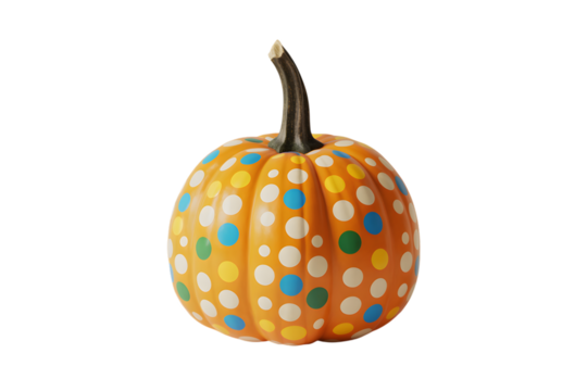 A small, round, orange pumpkin with colorful polka dots, isolated on a transparent background