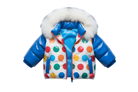 Blue childrens puffer jacket with colorful polka dots and white fur hood, isolated on transparent background