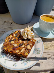 Enjoy coffee and delicious fruitcake outdoors