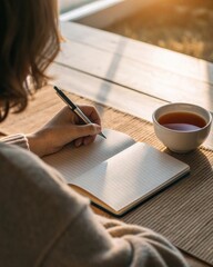 Obraz premium Journaling morning routine cozy home lifestyle image sunlit environment over-the-shoulder view reflection and mindfulness
