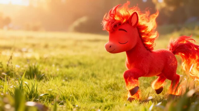 Fiery red pony with a flaming mane walks through a sunny meadow. A cute mythical cartoon creature representing energy and spirit. Panning shot.