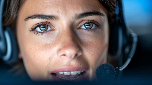 Female pilot with headset in cockpit close-up
