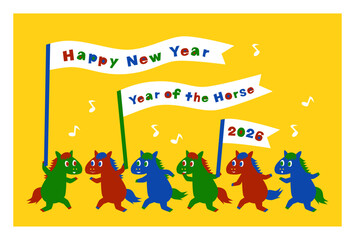 2026年午年のポップな馬の年賀状 旗を持つ馬たち