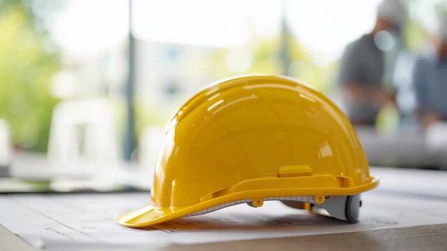 Yellow hard hat on construction table