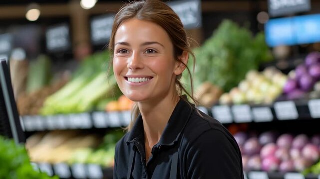 Female grocery store employee smiling at checkout counter in fresh produce section