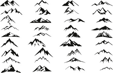 Set of black mountain silhouettes in various shapes and styles on white background. Perfect for adventure logos, outdoor designs, and travel branding. Minimal and natural vector illustration.