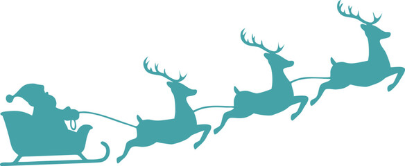 Silhouette of Santa Claus riding in a sleigh pulled by reindeer,  Christmas joy and winter festivity. Perfect for holiday cards, posters, or decorations. Classic festive vector design.