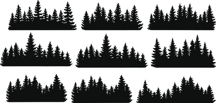 Collection of black pine tree forest silhouettes on white background,  wilderness and nature. Perfect for outdoor designs, adventure branding, and camping graphics. Minimal vector 