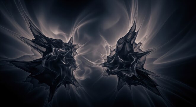 Dark abstract 3D fractal shapes with soft smoke and mysterious glow effect

