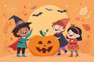 Children Celebrate Halloween by Carving a Pumpkin During Autumn Festivities