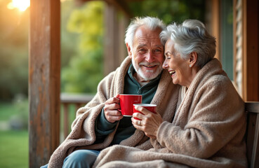 Happy senior couple sits on wooden porch, wrapped in cozy blanket. Gray haired man, woman hold red mugs, drinking hot tea coffee. Smile, laugh, enjoying warm moment at house terrace on beautiful