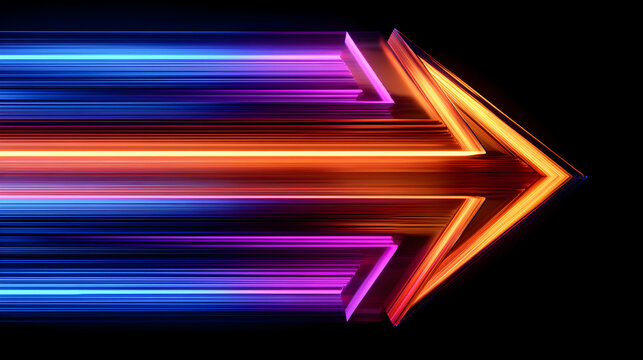 Dynamic abstract arrow shape glows with vibrant neon light streaks, symbolizing progress and forward motion in a dark, futuristic setting - Powered by Adobe