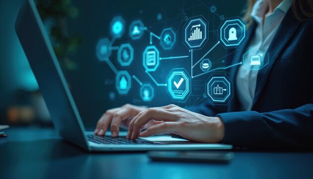 Person uses laptop with futuristic digital network interface. Icons represent data analytics, security, compliance, and business processes. Workplace with tech and cyber visuals.
