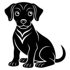 Playful black silhouette illustration of a happy puppy with a wagging tail perfect for pet related designs