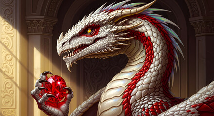 Obraz premium Majestic White Dragon with Ruby Eyes Clutching a Gemstone in a Grand Hall