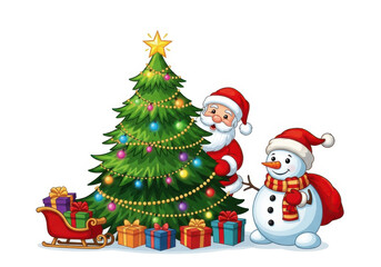 Santa claus and snowman with christmas tree and gifts, isolated on white background