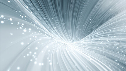 abstract background showing futuristic fiber optic network or data stream vortex. Brilliant white light lines swirl into central point, representing high-speed digital transmission, technology, energy