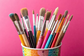 Fototapeta premium Colorful Paintbrushes Gathered in a Cup Against a Vibrant Pink Backdrop