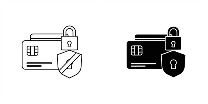 Secure credit card icon with lock and shield, black and white