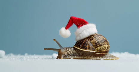 A snail wearing a tiny Santa hat and fluffy white beard crawling on snow. A playful and minimal Christmas concept blending humor and stillness. Perfect for festive cards, ads, and branding visuals.