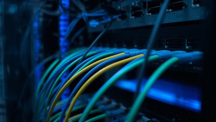 Server rack network cables colorful organized black buttons switches front panel technology data futuristic generative AI