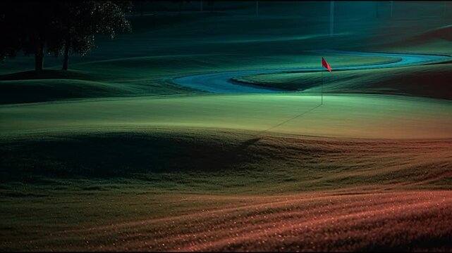 A golf course green fairway blue shadow rolling hill red flag morning dew winding path manicured grass landscape aerial golf course green fairway twilight flag pin red green rolling turf cinematic