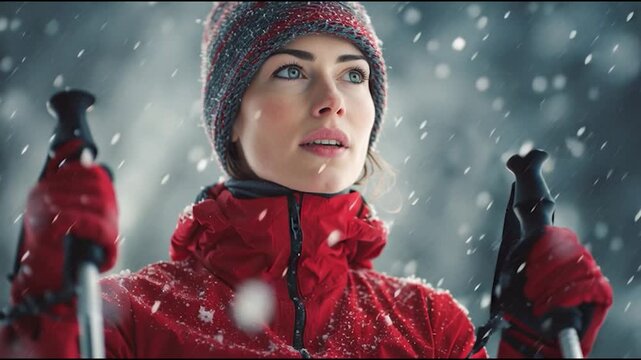 A woman red winter jacket knit hat holding ski poles falling snow snowfall outdoor portrait with focused contemplative expression young woman red winter jacket and knit hat snow cold ski pole scene