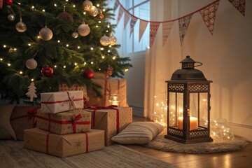 Cozy Christmas Scene With Decorated Tree and Gifts in Warm Lighting