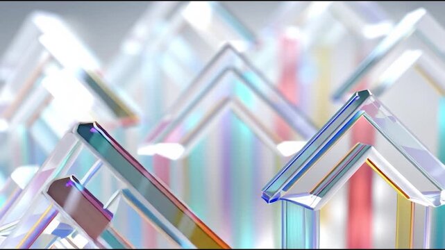 Abstract glass prism lines forming upward arrow shapes with soft pastel refraction and luminous highlights creating delicate geometric pastel pattern and serene mood abstract glass prism arrow shapes