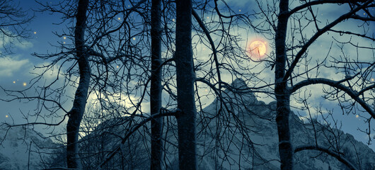 Full moon and abstract stars sky in a winter mountains.