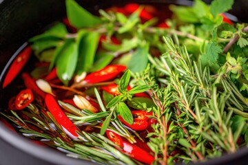 Vibrant assortment of fresh herbs and red chilies immersed in a dark bowl, showcasing culinary preparation