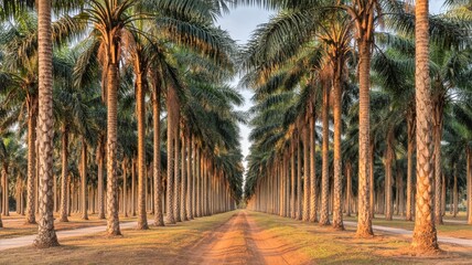 Plantation Abstract Background Symmetrical Palm Tree Rows Golden Hour