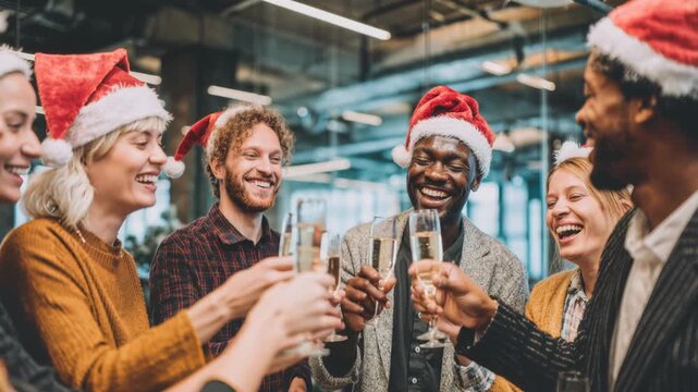 A group of people are wearing santa hats and drinking champagne. They are all smiling and having a good time