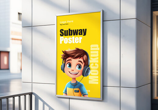Outdoor Vertical Poster Mockup with Cartoon Boy Character