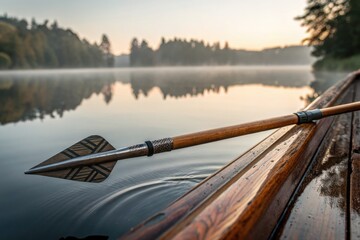 Morning Stillness by the Lake With a Wooden Canoe and a Sharp Spear