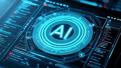 Close-up of advanced digital interface displaying AI (Artificial Intelligence) in a high-tech, futuristic theme. Concept for data analysis, machine learning, and innovation in technology. - Powered by Adobe