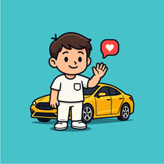 Cute baby boy playing with a red toy car as a vector cartoon illustration