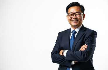 Asian businessman in dark suit smiles with crossed arms on white background. Confident professional man poses at studio. Happy CEO executive with eyeglasses.