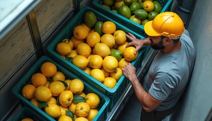 Delivery man in yellow hard hat organizes fresh yellow lemons, green citrus fruits in crates. Loads produce into refrigerated truck for transport. Worker ensures safe, efficient shipping from farm to