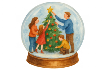 Family enjoying christmas, decorating a festive tree inside a snow globe, symbolizing holiday spirit and joyful moments, watercolor