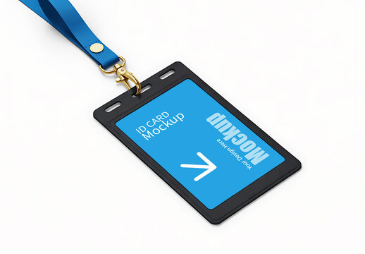 Vertical ID Card Holder Mockup with Blue Lanyard on White Background