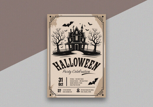 Vintage Halloween Party Flyer With Haunted House And Spooky Elements