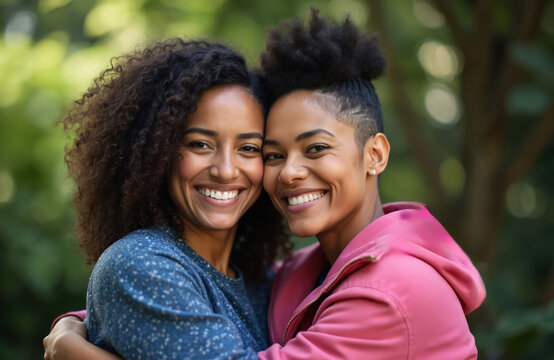 Two happy young women hug and smile for camera. They are loving couple showing affection and joy. Diverse friends or partners pose for photo outside in green park. Their faces radiate happiness, love.