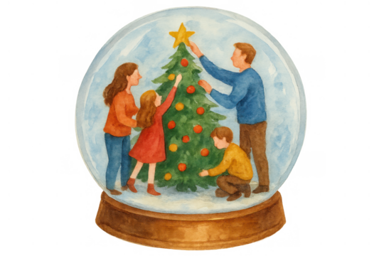 Family enjoying christmas, decorating a festive tree inside a snow globe, symbolizing holiday spirit and joyful moments, watercolor