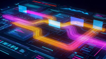Modern abstract digital dashboard interface with glowing lines and graphs representing data analytics, processing, and real-time information technology visualization. - Powered by Adobe